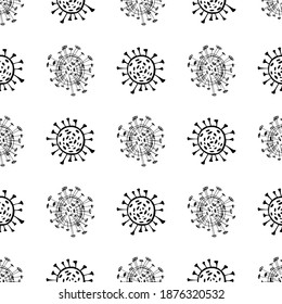 Seamless pattern of coronavirus microbes. Coronavirus 2019-nCoV. Doodle simple line elements from a medical concept. Editable vector stroke microbe. Virus, bacteria. Hand drawn illustration.