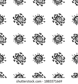 Seamless pattern of coronavirus microbes. Coronavirus 2019-nCoV. Doodle simple line elements from a medical concept. Editable vector stroke microbe. Virus, bacteria. Hand drawn illustration.