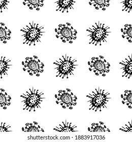 Seamless pattern of coronavirus microbes. Coronavirus 2019-nCoV. Doodle simple line elements from a medical concept. Editable vector stroke microbe. Virus, bacteria. Hand drawn illustration.