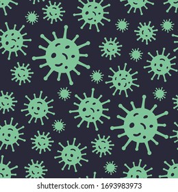 Patrón transparente con coronavirus. Células de microorganismos que repiten el fondo para el diseño textil, papel para envolver, papel pintado. Contorno de color en el fondo oscuro.