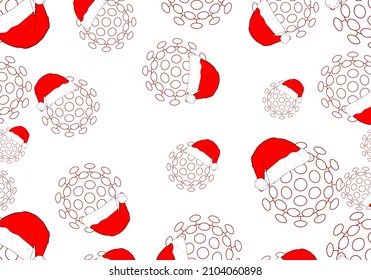 Seamless pattern with coronavirus red virions wearing Santa Claus hat on white background. COVID-19, 2019-nCoV. Merry healthy Christmas.