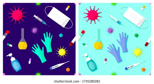 Nahtlose Muster von Symbolen aus Coronavirus. Einstellung der Krankheitskontrolle und der Behandlung. Covid-19, Chinesisch, Wuhan-Virus-Vektor-Icons in flachem Design.