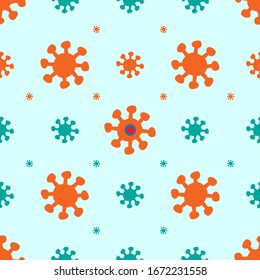 Patrón transparente con coronavirus. Virus
COVID-19 en colores naranja y azul. Fondo vectorial con coronavirus para decoración, diseño, embalaje, papel e impresión.