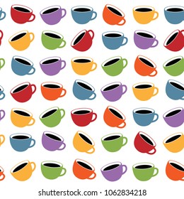 Seamless Pattern with Cororful Tea or Coffee Cups on White. Vector Illustration. Flat Style. Decorative Background for Cafeteria, Posters, Banners, Cards, Wrapping Paper, Gifts, Kitchen Design
