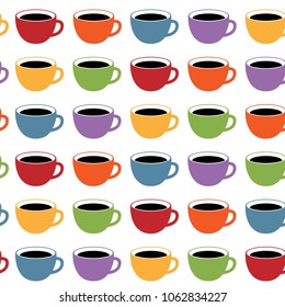 Seamless Pattern with Cororful Tea or Coffee Cups on White. Vector Illustration. Flat Style. Decorative Background for Cafeteria, Posters, Banners, Cards, Wrapping Paper, Gifts, Kitchen Design