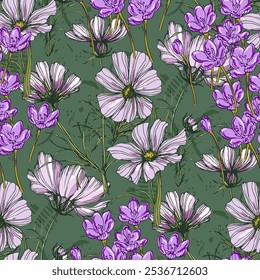 Seamless Pattern with cosmea flower and crocus. Color sketch style hand drawn background. Detailed illustration, hand drawn. Great for fabric and textile, prints, invitation, packaging