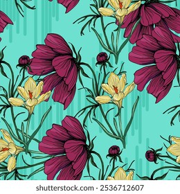 Seamless Pattern with cosmea flower and crocus. Color sketch style hand drawn background. Detailed illustration, hand drawn. Great for fabric and textile, prints, invitation, packaging