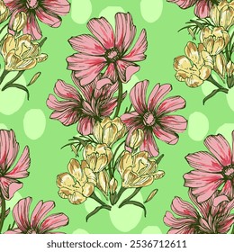 Seamless Pattern with cosmea flower and crocus. Color sketch style hand drawn background. Detailed illustration, hand drawn. Great for fabric and textile, prints, invitation, packaging
