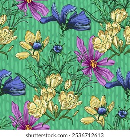 Seamless Pattern with cosmea flower and crocus. Color sketch style hand drawn background. Detailed illustration, hand drawn. Great for fabric and textile, prints, invitation, packaging