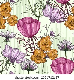 Padrão sem costura com flor de cosmea e croco. Fundo desenhado à mão estilo de esboço de cor. Ilustração detalhada, desenhada à mão. Ótimo para tecido e têxtil, estampas, convite, embalagem