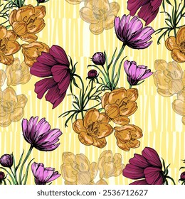 Seamless Pattern with cosmea flower and crocus. Color sketch style hand drawn background. Detailed illustration, hand drawn. Great for fabric and textile, prints, invitation, packaging