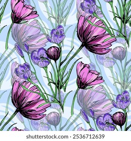 Seamless Pattern with cosmea flower and crocus. Color sketch style hand drawn background. Detailed illustration, hand drawn. Great for fabric and textile, prints, invitation, packaging