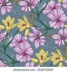 Seamless Pattern with cosmea flower and crocus. Color sketch style hand drawn background. Detailed illustration, hand drawn. Great for fabric and textile, prints, invitation, packaging