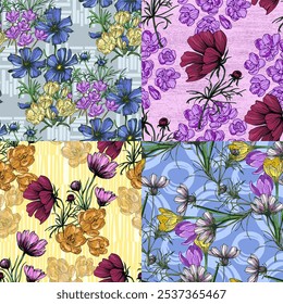 Seamless Pattern with cosmea flower and crocus. Color sketch style hand drawn background. Detailed illustration, hand drawn. Great for fabric and textile, prints, invitation, packaging