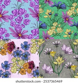 Patrón sin fisuras con flor de cóctel y crocus. Estilo de boceto de color dibujado a mano de fondo. Ilustración detallada, dibujado a mano. Grande para la tela y la materia textil, impresiones, invitación, empaquetado