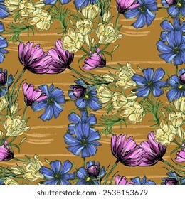 Seamless Pattern with cosmea flower and crocus. Color sketch style hand drawn background. Detailed illustration, hand drawn. Great for fabric and textile, prints, invitation, packaging