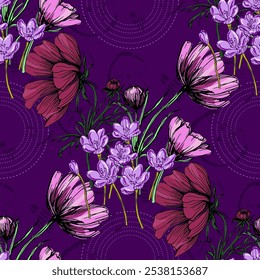 Seamless Pattern with cosmea flower and crocus. Color sketch style hand drawn background. Detailed illustration, hand drawn. Great for fabric and textile, prints, invitation, packaging