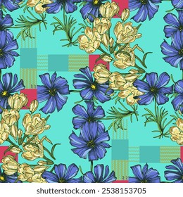 Seamless Pattern with cosmea flower and crocus. Color sketch style hand drawn background. Detailed illustration, hand drawn. Great for fabric and textile, prints, invitation, packaging
