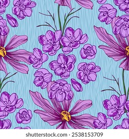 Seamless Pattern with cosmea flower and crocus. Color sketch style hand drawn background. Detailed illustration, hand drawn. Great for fabric and textile, prints, invitation, packaging