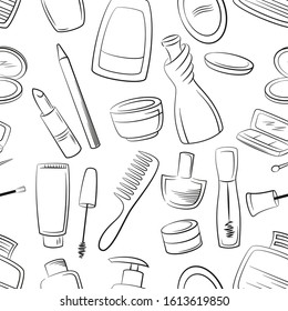 Seamless Pattern Cosmetic Accessories, Toiletry, Perfume, Lipstick, Shampoo and Others Black Contours Isolated on White Background. Vector