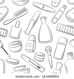 Seamless Pattern Cosmetic Accessories, Toiletry, Perfume, Lipstick, Shampoo and Others Black Contours Isolated on White Background. Vector.