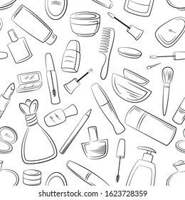 Seamless Pattern Cosmetic Accessories, Toiletry, Perfume, Lipstick, Shampoo and Others Black Contours Isolated on White Background. Vector