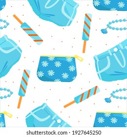 Seamless pattern with cosmetic bag, denim shorts and ice cream, cute girl's print, vector illustration in flat style.