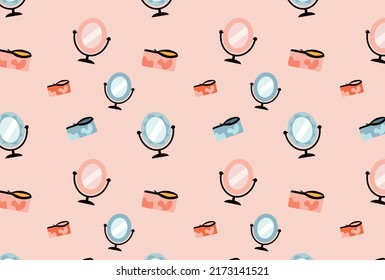 Patrón incomparable de bolsa cosmética y fondo espejo de maquillaje. Ilustración vectorial plana y textura para taller de belleza, embalaje, web, impresiones, textiles, papel tapiz