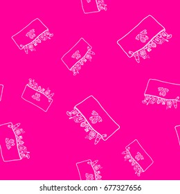 Seamless pattern of cosmetic bags with make up accessories. Decorative background. Vector illustration.
