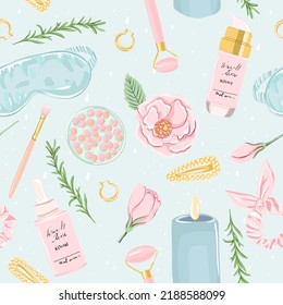 Seamless pattern with cosmetic and beauty products, and flowers. Self care background for fabric, wrapping, textile, wallpaper, apparel. Vector illustration.