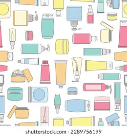 Seamless pattern cosmetic and beauty products packaging bottle - fashion, beautician wallpaper, dermatologist background, soap, lotion, cream, body scrub, hair oil, serum, makeup, cleaning products