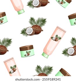 Seamless pattern cosmetic coconut cream on a white background.Vector pattern for packaging,textiles,fashionable cosmetic designs.
