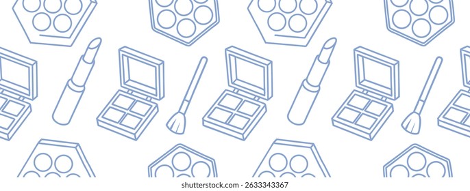 Padrão contínuo de ícones cosméticos, incluindo batom, sombra e pincéis em uma arte minimalista em linhas. Repetição de ilustrações de maquiagem azul sobre fundo branco. Ideal para beleza, cuidados com a pele, 