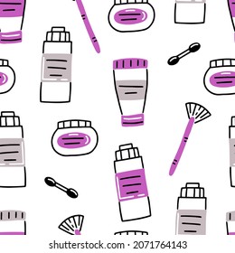 Seamless pattern with cosmetic items in doodle style. Vector illustration background.