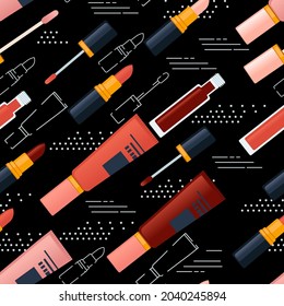 Seamless pattern of cosmetic items vector illustration on black background