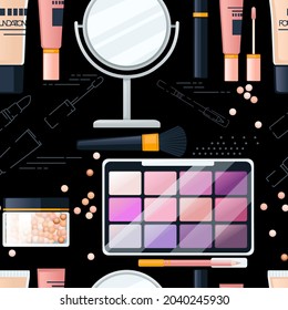 Seamless pattern of cosmetic items vector illustration on dark background