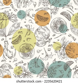 Seamless pattern with cosmetic and medical plants: bigaradia fruit, litsea cubeba, chinese honeysuckle, lonicera pileata and rauwolfia serpentina tuber. Vector hand drawn illustration