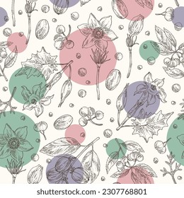 Seamless pattern with cosmetic and medical plants: datura stramonium, pulsatilla chinensis, croton tiglium, ardisia japonica. Vector hand drawn illustration