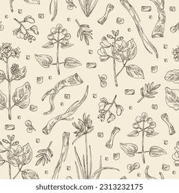 Seamless pattern of cosmetic and medical plants: rubia cordifolia, boerhavia diffusa, punarnava, pterocarpus marsupium, indian kino tree, cyperus rotundus, nagarmotha. Vector hand drawn illustration