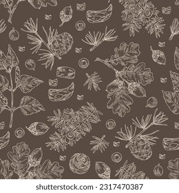 Seamless pattern with cosmetic and medical plants: larix, quercus, betulaceae bark, taxus baccata. Vector hand drawn illustration