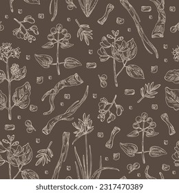 Seamless pattern with cosmetic and medical plants: rubia cordifolia, boerhavia diffusa, punarnava, pterocarpus marsupium, indian kino tree, cyperus rotundus, nagarmotha. Vector hand drawn illustration