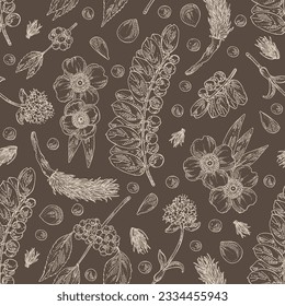Seamless pattern with cosmetic and medical plants: nardostachys jatamansi, nard, phyllanthus niruri, mesua ferrea, callicarpa macrophylla. Vector hand drawn illustration svg