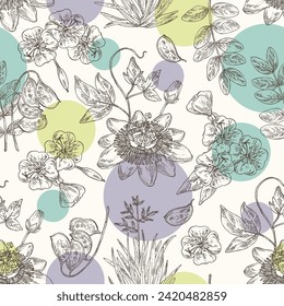 Seamless pattern with cosmetic and medical plants: senna alexandrina, passiflora incarnata, evening primula, oenothera plant, new zealand flax. Vector hand drawn illustration