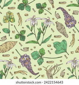 Seamless pattern with cosmetic and medical plants: lobelia chinensis flowers, pueraria lobata, cryptotaenia japonica, euphorbia pekinensis. Vector hand drawn illustration