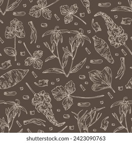 Seamless pattern with cosmetic and medical plants: lobelia chinensis flowers, pueraria lobata, cryptotaenia japonica, euphorbia pekinensis. Vector hand drawn illustration