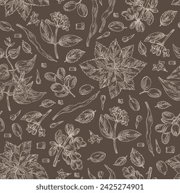 Seamless pattern with cosmetic and medical plants: barberry berries, perilla, stemona tuberosa, wikstroemia indica. Vector hand drawn illustration