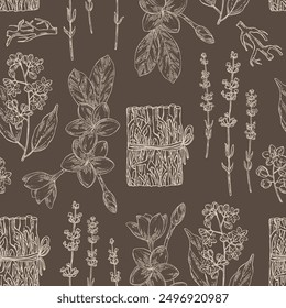 Seamless pattern with cosmetic and medical plants: lavender flowers, vetiver, plumeria flowers, camphor tree. Vector hand drawn illustration