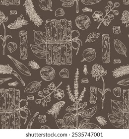 Seamless pattern with cosmetic and medical plants: tulasi, guduchi, alexandria laurel, nardostachys jatamansi. Vector hand drawn illustration