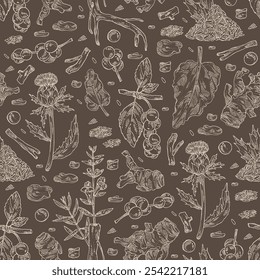 Seamless pattern with cosmetic and medical plants: baikal skullcap, rheum officinale, carthamus tinctorius, schisandra chinensisi. Vector hand drawn illustration