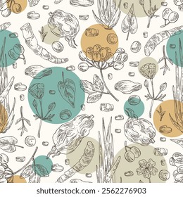 Seamless pattern with cosmetic and medical plants: viburnum berries, acorus calamus, meadowfoam, highlander multiflorous. Vector hand drawn illustration